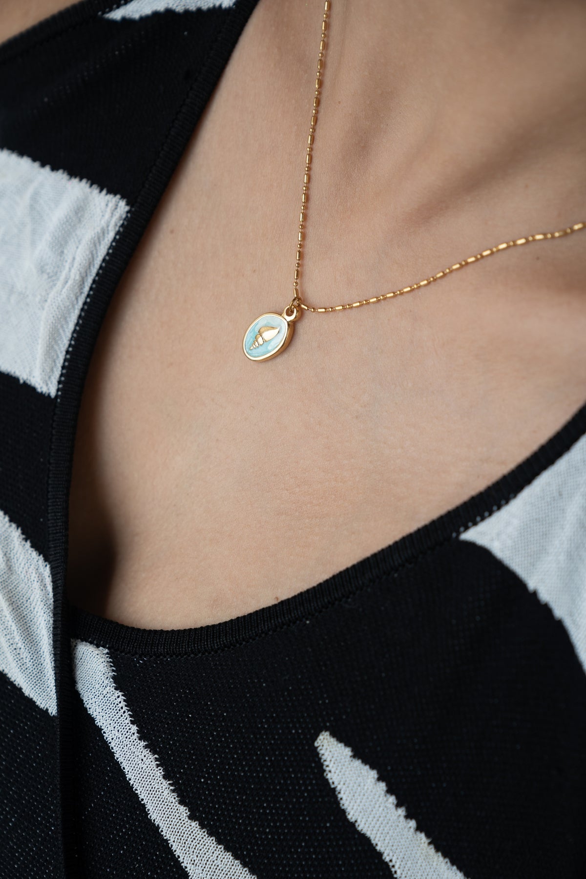 Gold Seashell Necklace by MHAARO, Blue Enamel Pendant Necklace, Dainty Ocean Charm Necklace, Summer Beach Jewelry