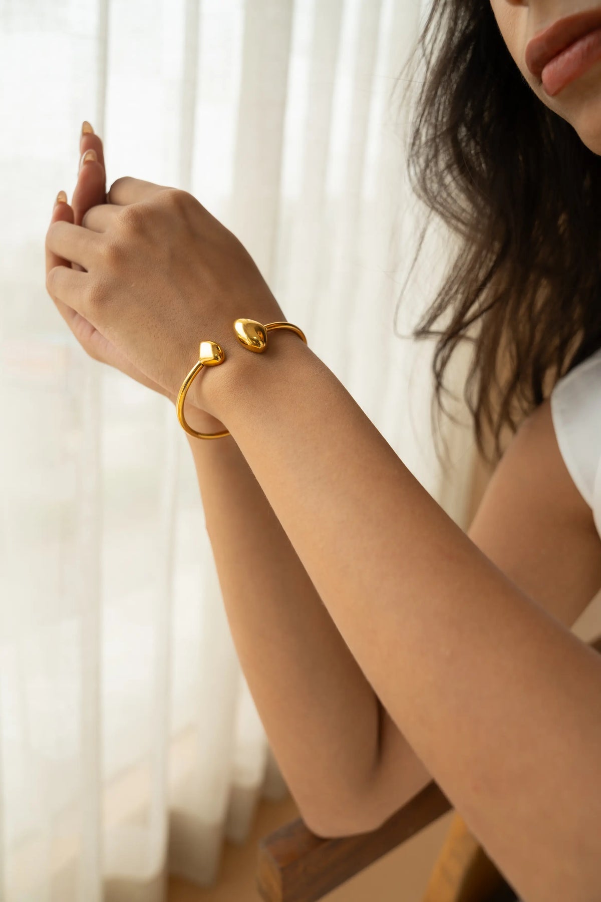 Open Cuff Bracelet by MHAARO, Gold Pebble End Bangle, Minimalist Sculptural Jewelry