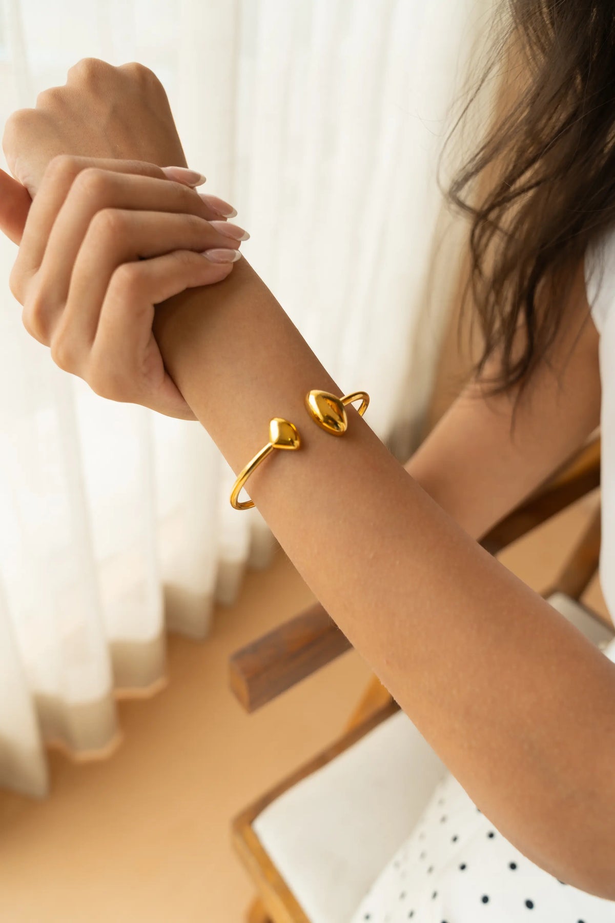 Open Cuff Bracelet by MHAARO, Gold Pebble End Bangle, Minimalist Sculptural Jewelry
