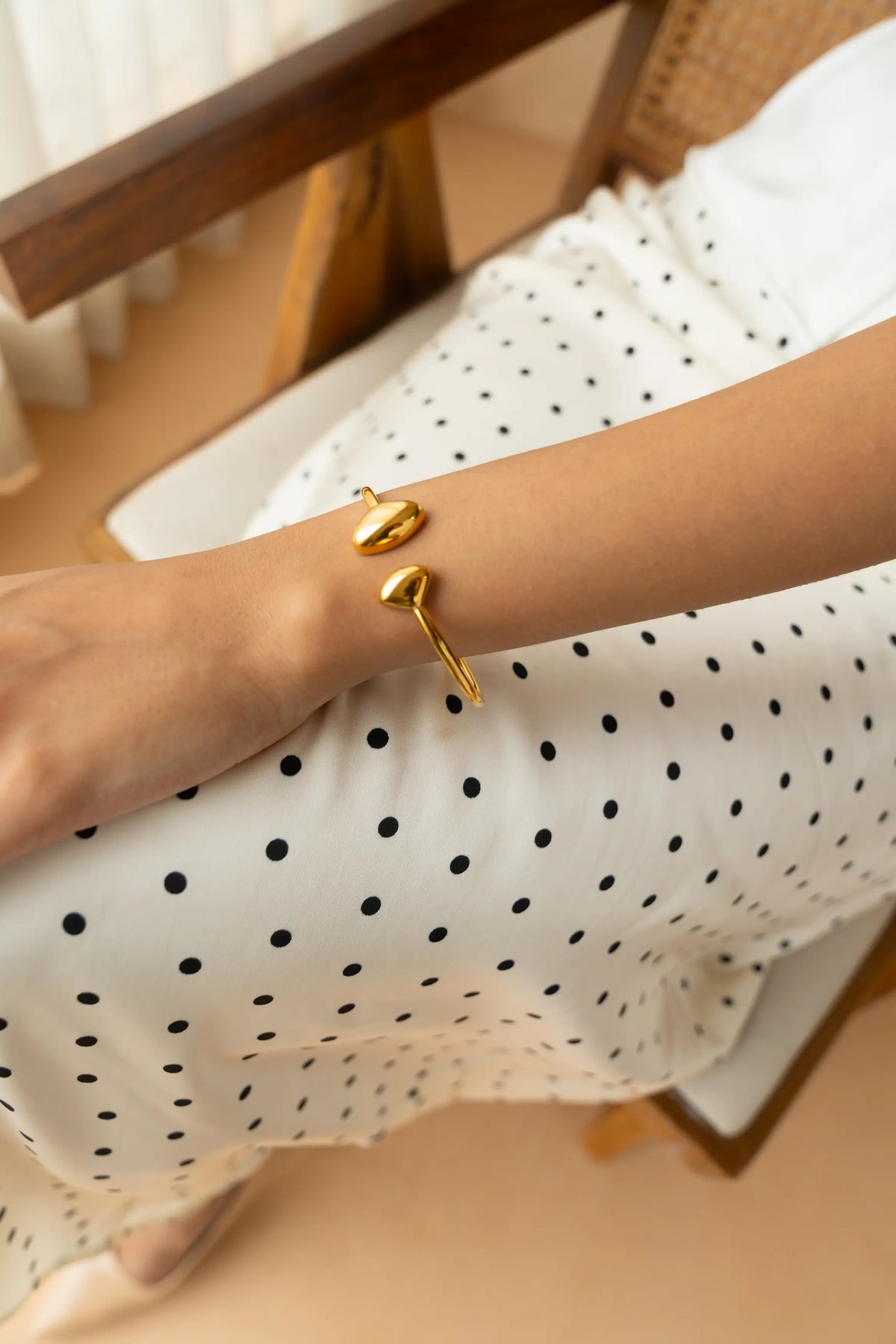Open Cuff Bracelet by MHAARO, Gold Pebble End Bangle, Minimalist Sculptural Jewelry