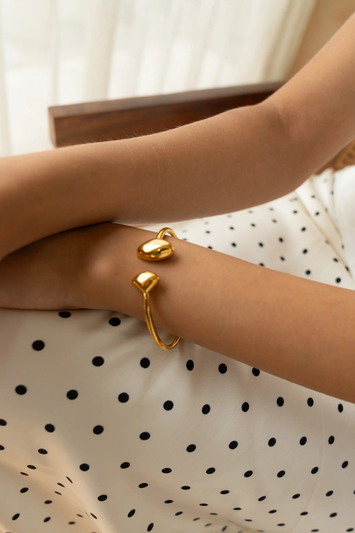 Open Cuff Bracelet by MHAARO, Gold Pebble End Bangle, Minimalist Sculptural Jewelry