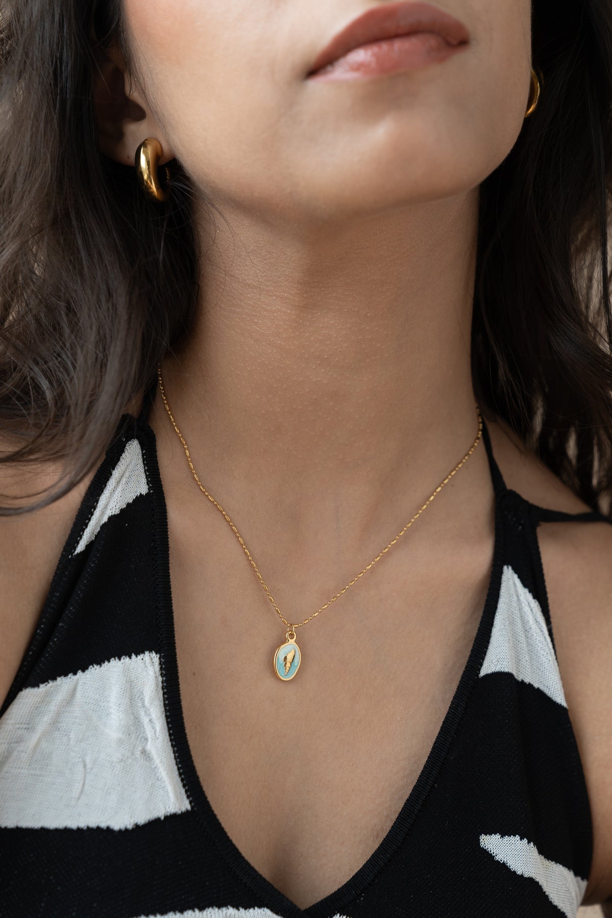Gold Seashell Necklace by MHAARO, Blue Enamel Pendant Necklace, Dainty Ocean Charm Necklace, Summer Beach Jewelry