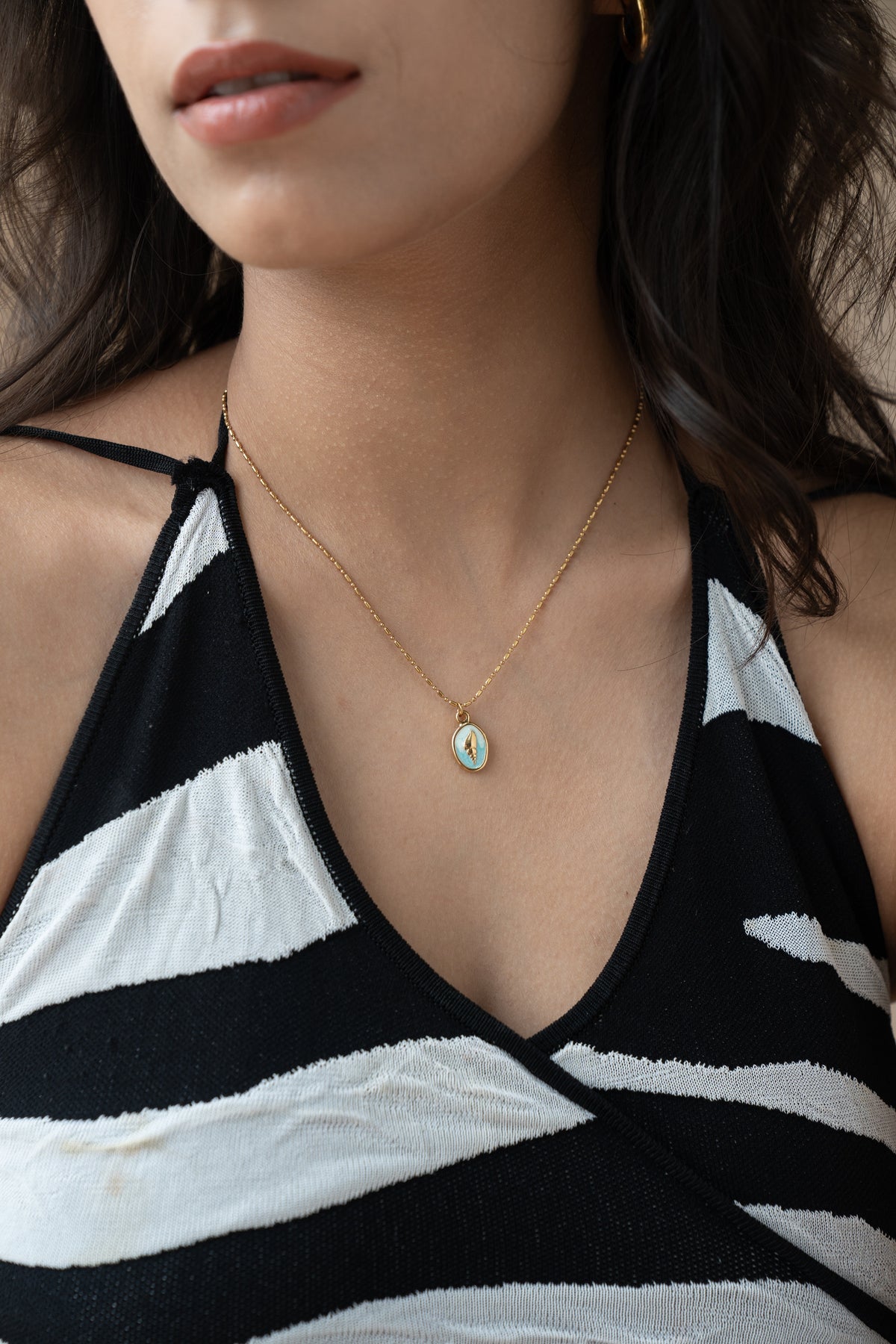 Gold Seashell Necklace by MHAARO, Blue Enamel Pendant Necklace, Dainty Ocean Charm Necklace, Summer Beach Jewelry