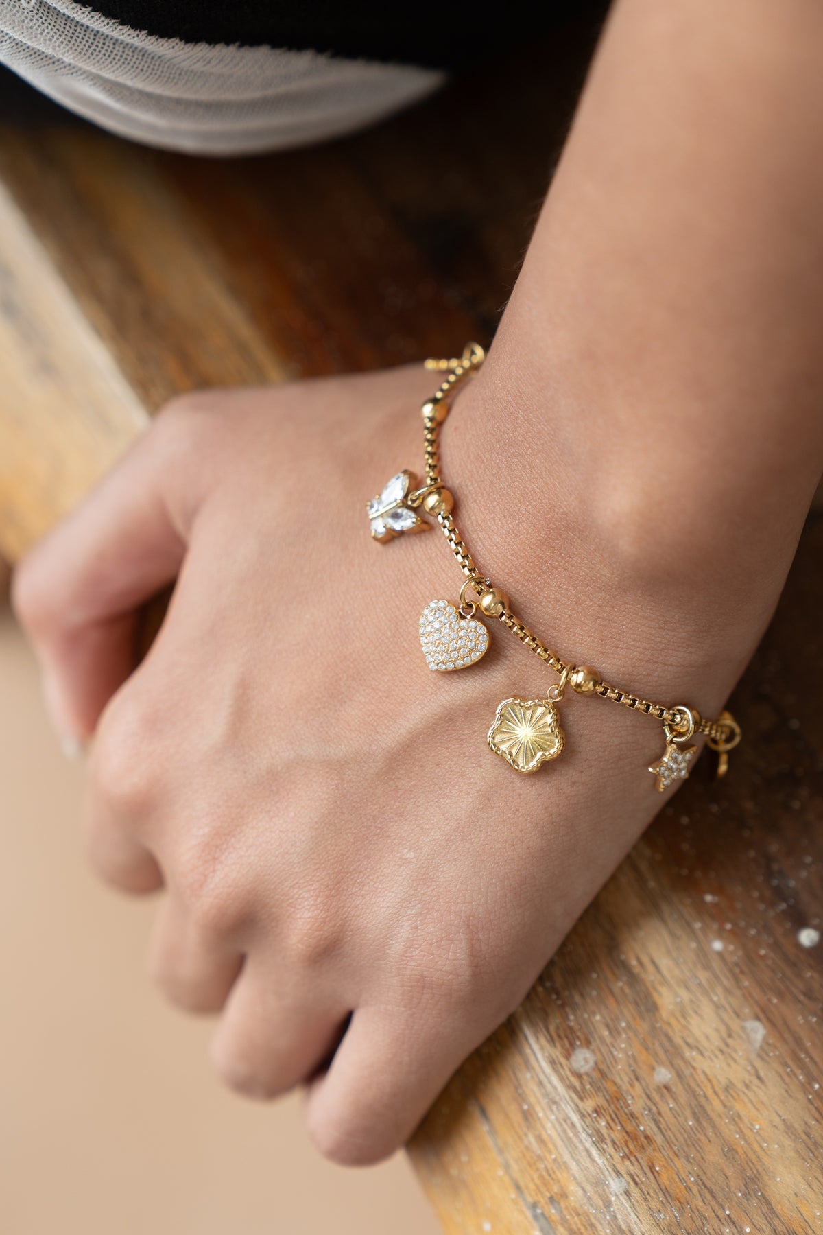 Heart Charm Bracelet by MHAARO, Dainty Gold Pavé Heart Chain