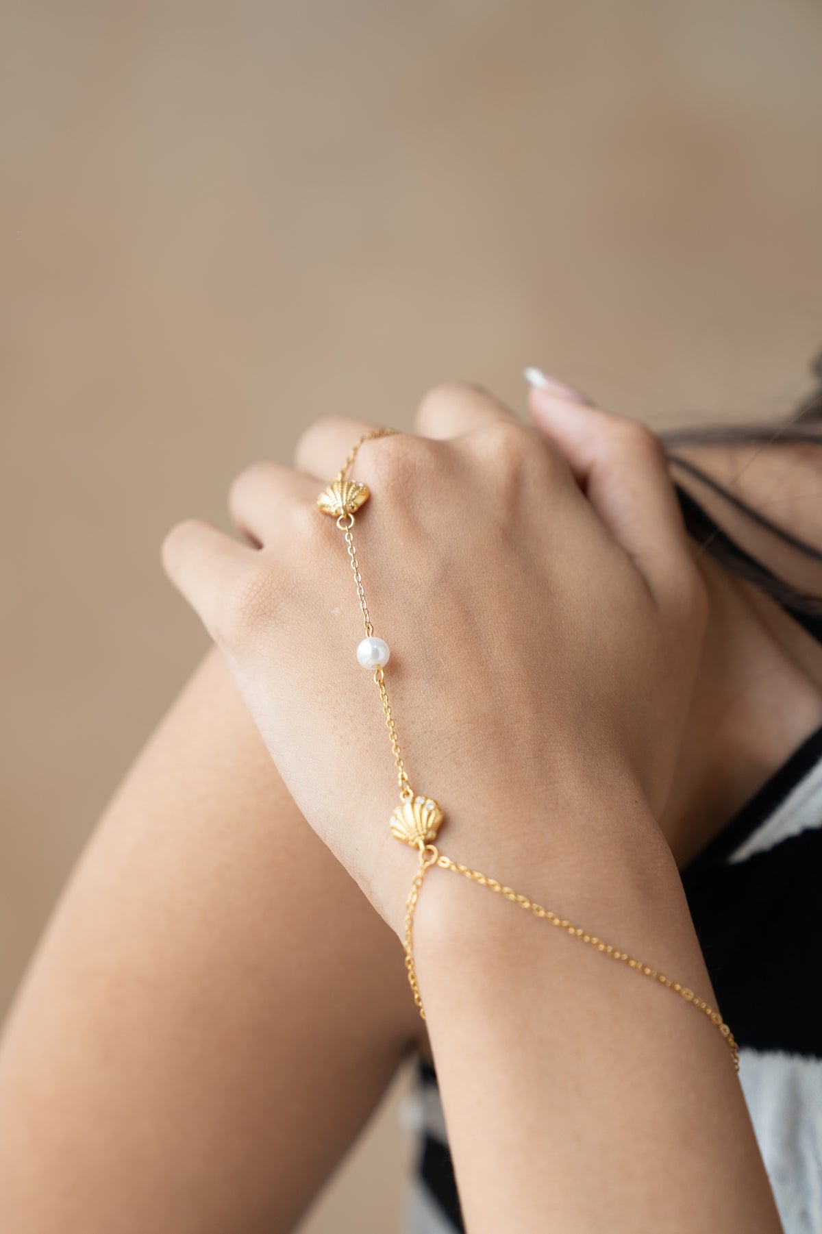 Shell Hand Chain Bracelet by MHAARO, Gold Pearl Slave Bracelet, Beach Ring Bracelet