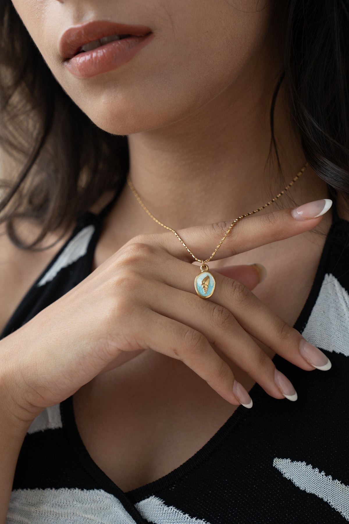 Gold Seashell Necklace by MHAARO, Blue Enamel Pendant Necklace, Dainty Ocean Charm Necklace, Summer Beach Jewelry