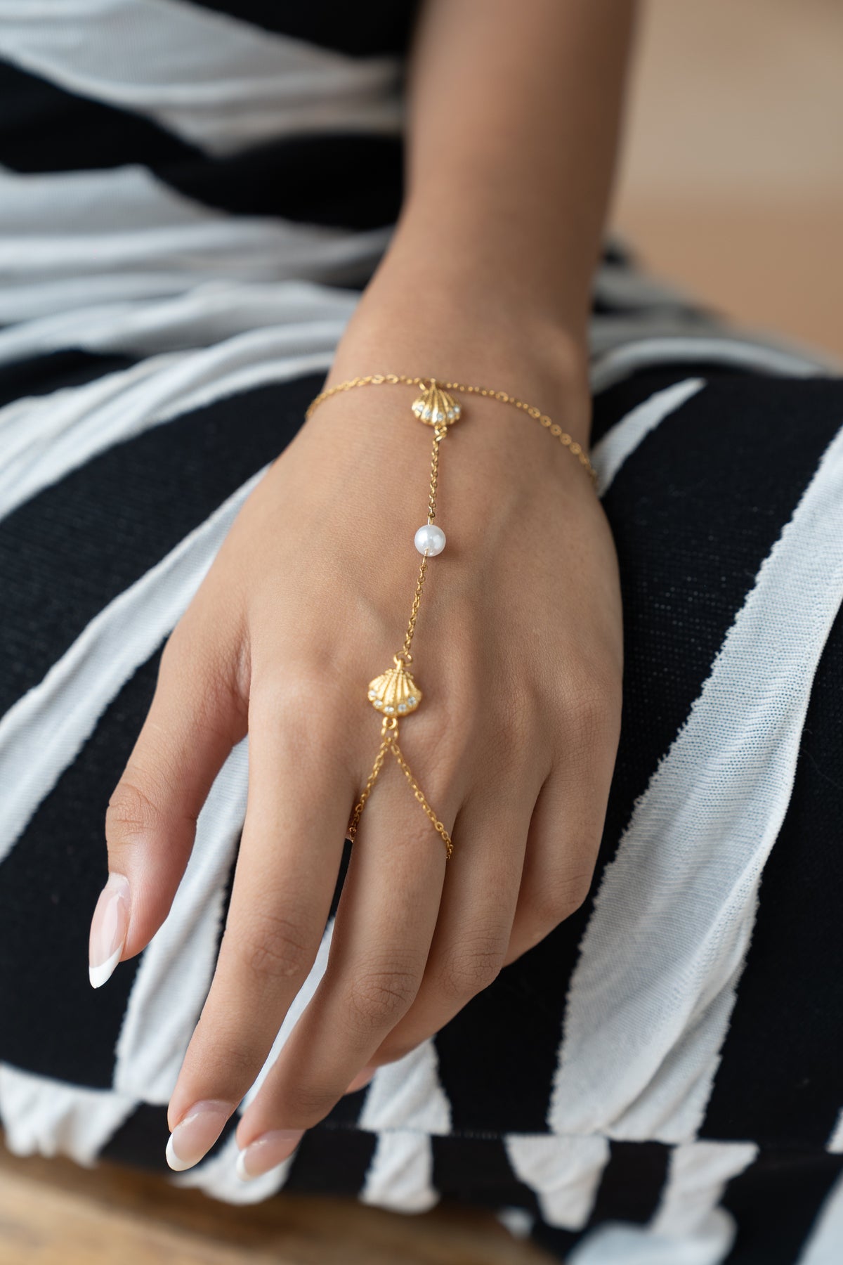 Shell Hand Chain Bracelet by MHAARO, Gold Pearl Slave Bracelet, Beach Ring Bracelet