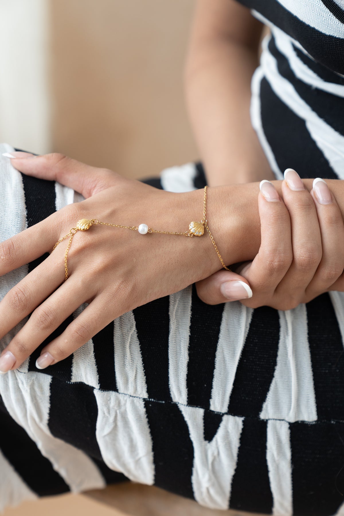 Shell Hand Chain Bracelet by MHAARO, Gold Pearl Slave Bracelet, Beach Ring Bracelet