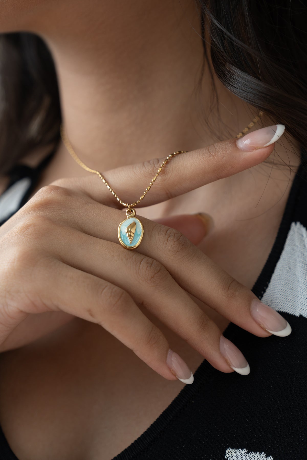 Gold Seashell Necklace by MHAARO, Blue Enamel Pendant Necklace, Dainty Ocean Charm Necklace, Summer Beach Jewelry