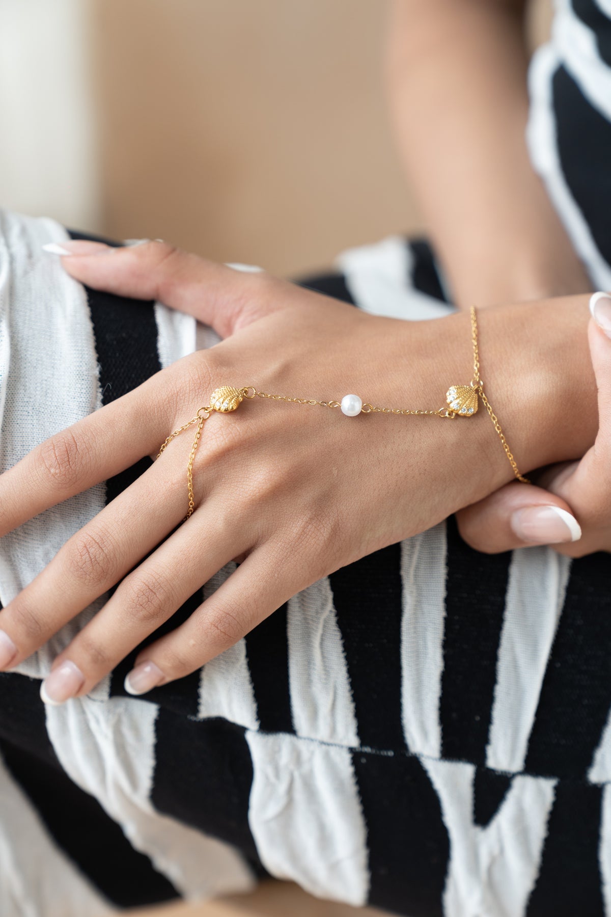 Shell Hand Chain Bracelet by MHAARO, Gold Pearl Slave Bracelet, Beach Ring Bracelet