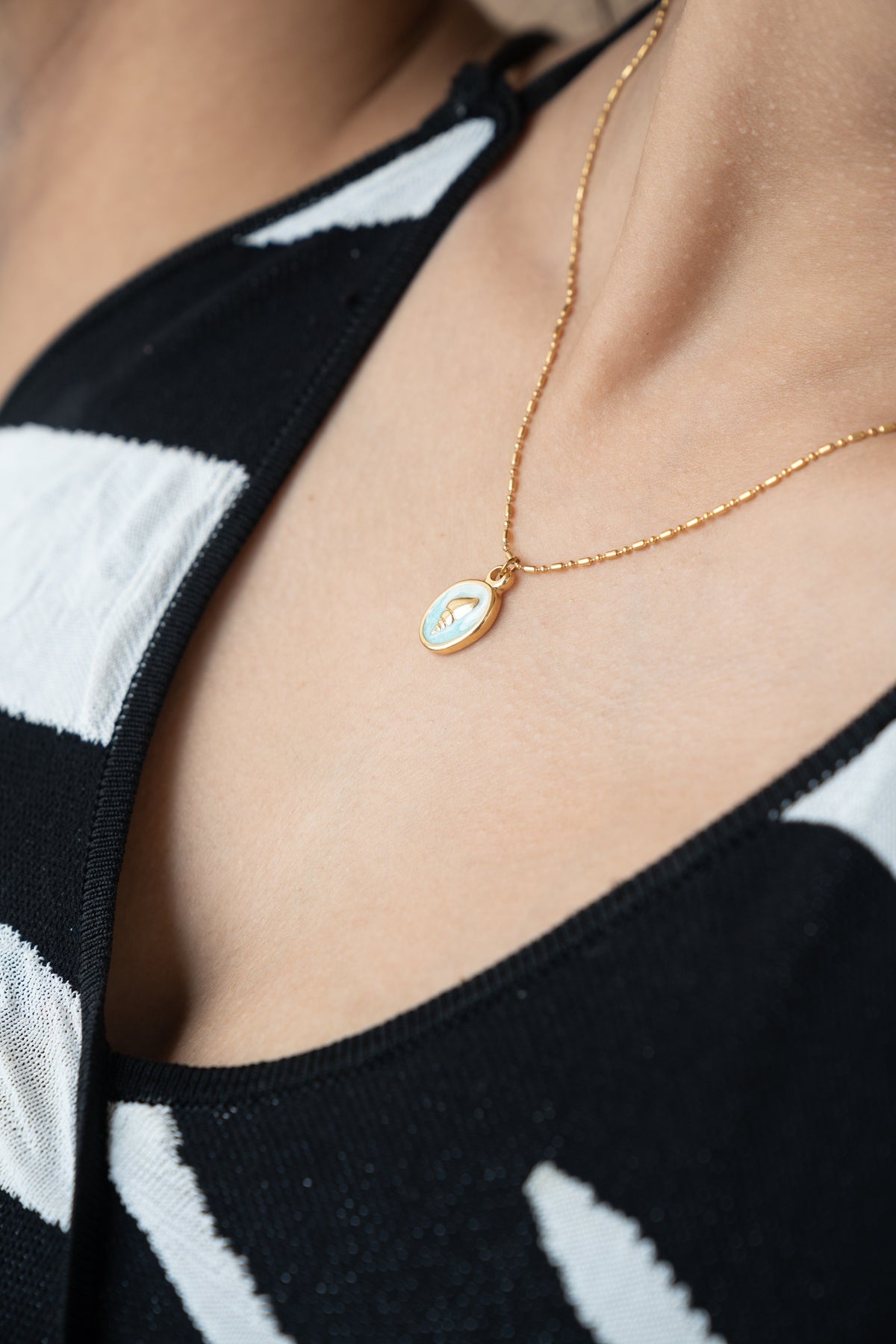 Gold Seashell Necklace by MHAARO, Blue Enamel Pendant Necklace, Dainty Ocean Charm Necklace, Summer Beach Jewelry