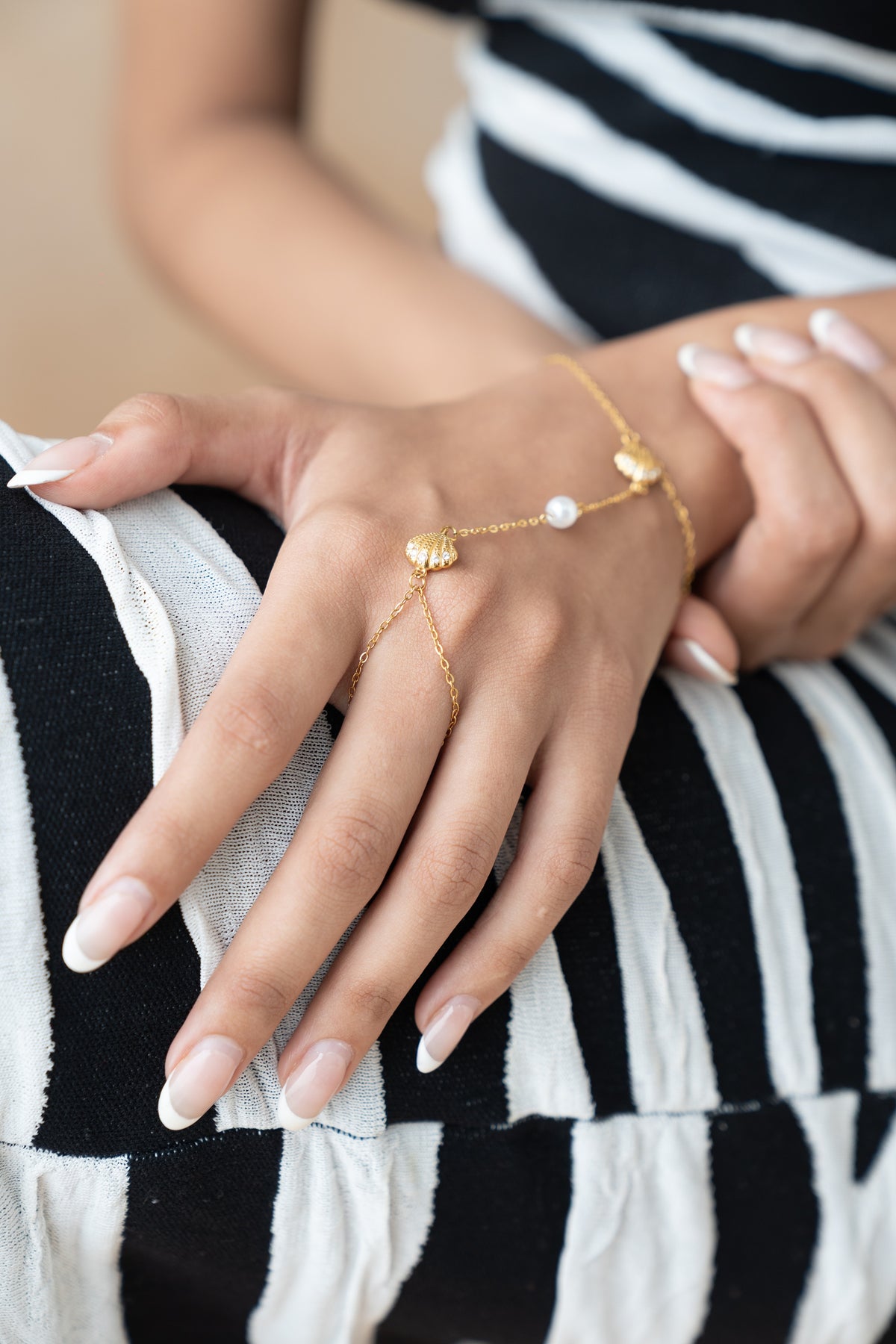 Shell Hand Chain Bracelet by MHAARO, Gold Pearl Slave Bracelet, Beach Ring Bracelet