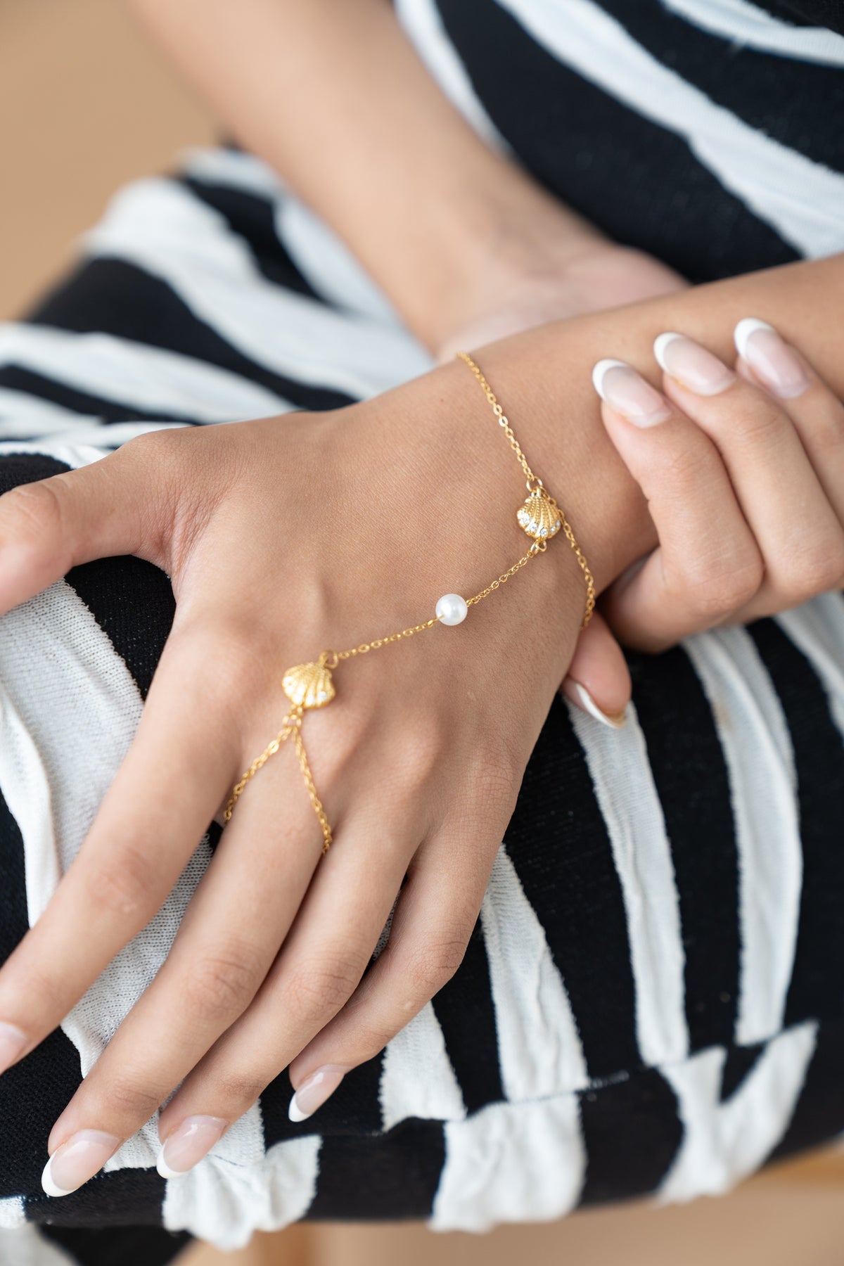 Shell Hand Chain Bracelet by MHAARO, Gold Pearl Slave Bracelet, Beach Ring Bracelet