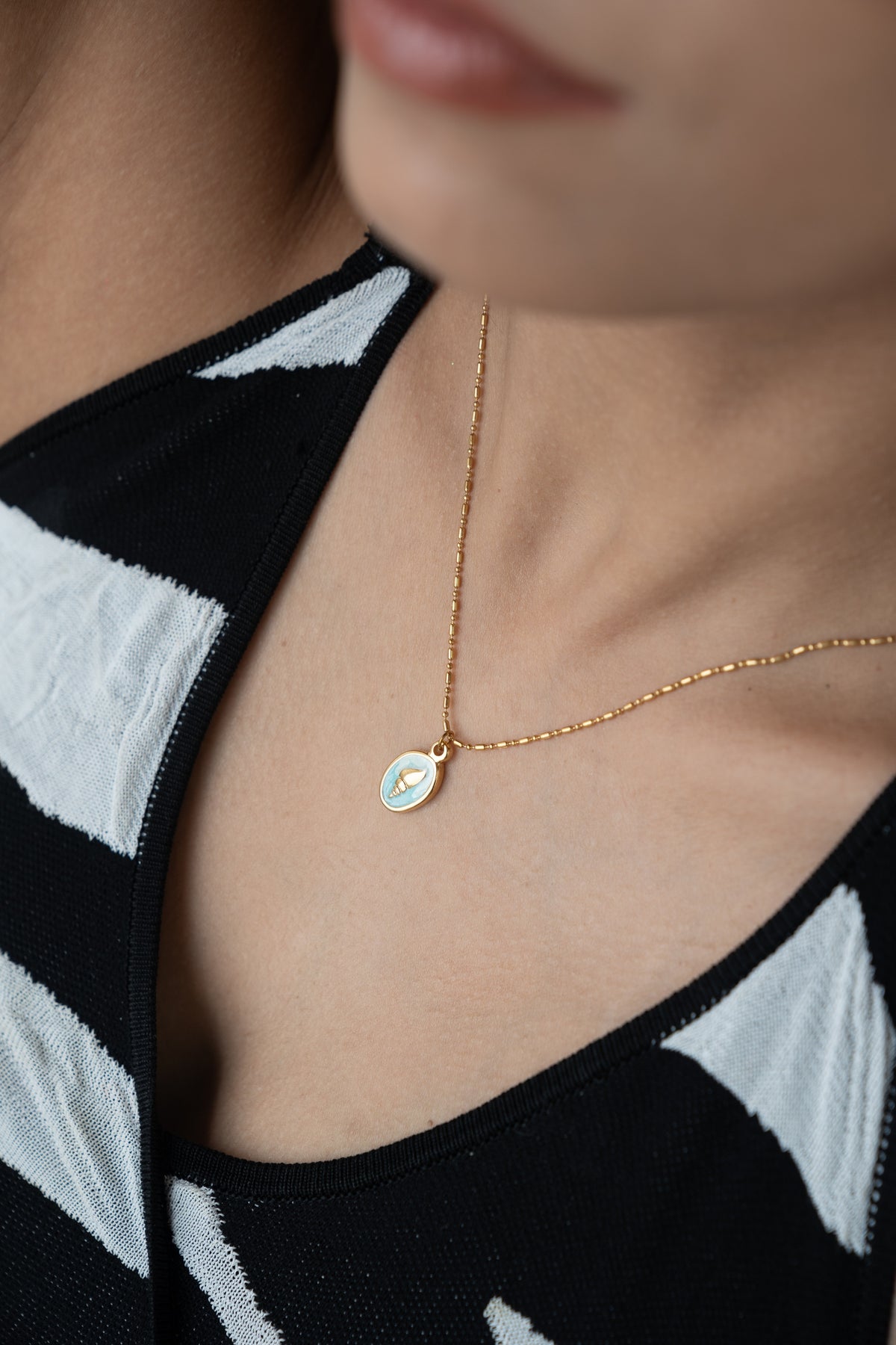Gold Seashell Necklace by MHAARO, Blue Enamel Pendant Necklace, Dainty Ocean Charm Necklace, Summer Beach Jewelry