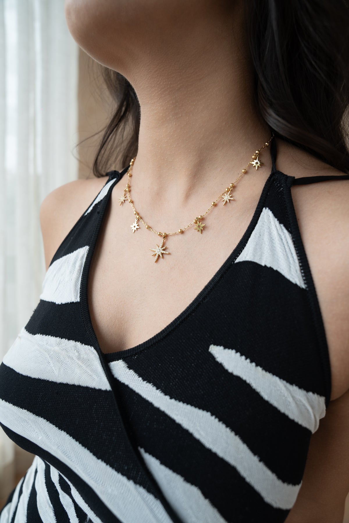 Celestial Star Necklace by MHAARO, Gold Multi Starburst Charms
