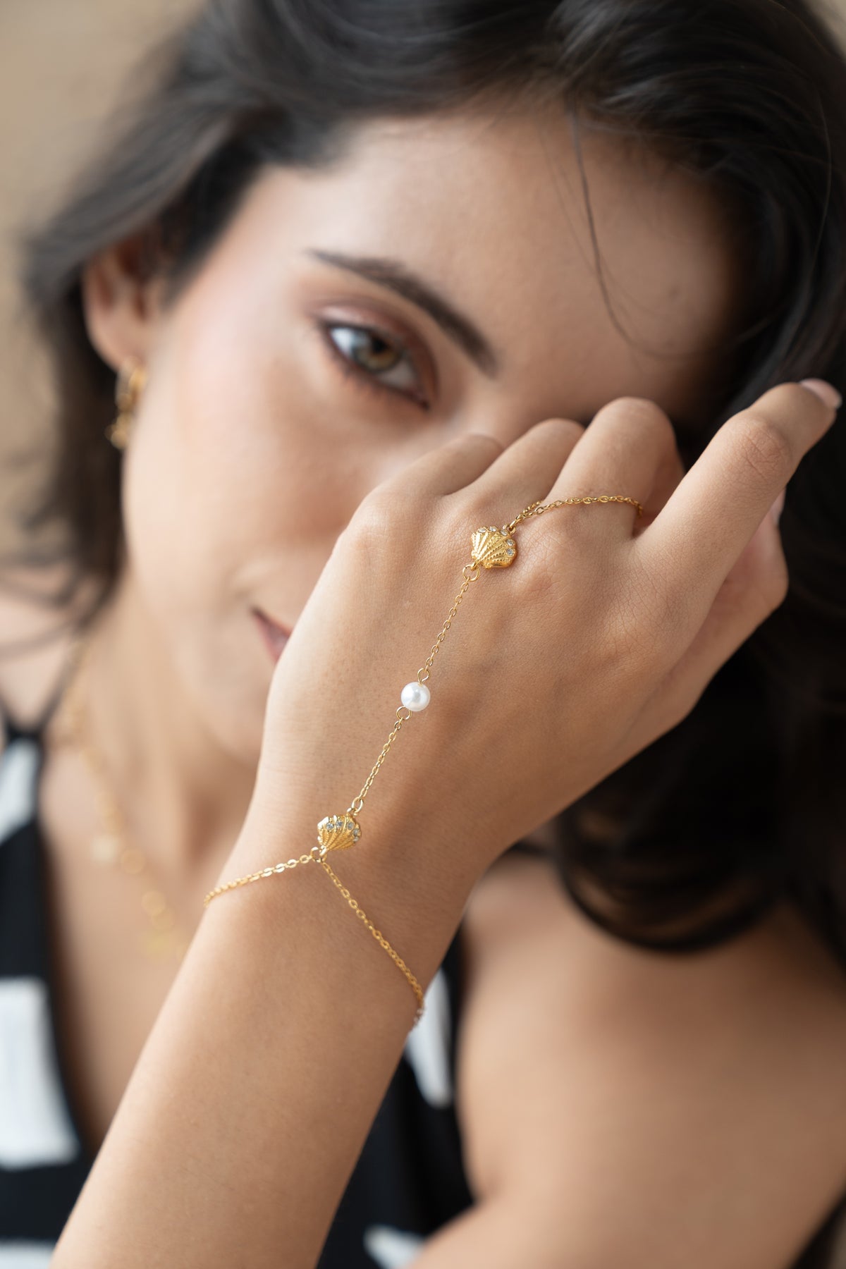 Shell Hand Chain Bracelet by MHAARO, Gold Pearl Slave Bracelet, Beach Ring Bracelet