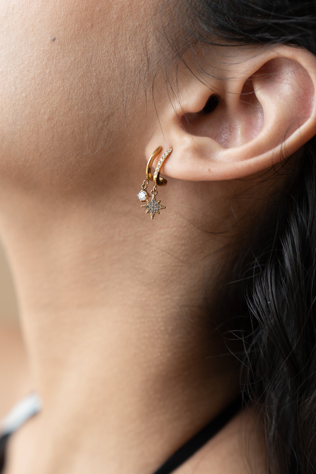 Huggie Hoop Earring Set by MHAARO, Gold Pavé Star Charm Hoops